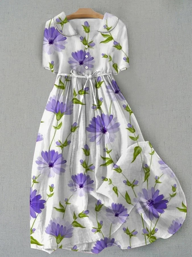 Sage Green | Retro Floral Dress with Waistband and 3/4 Sleeves