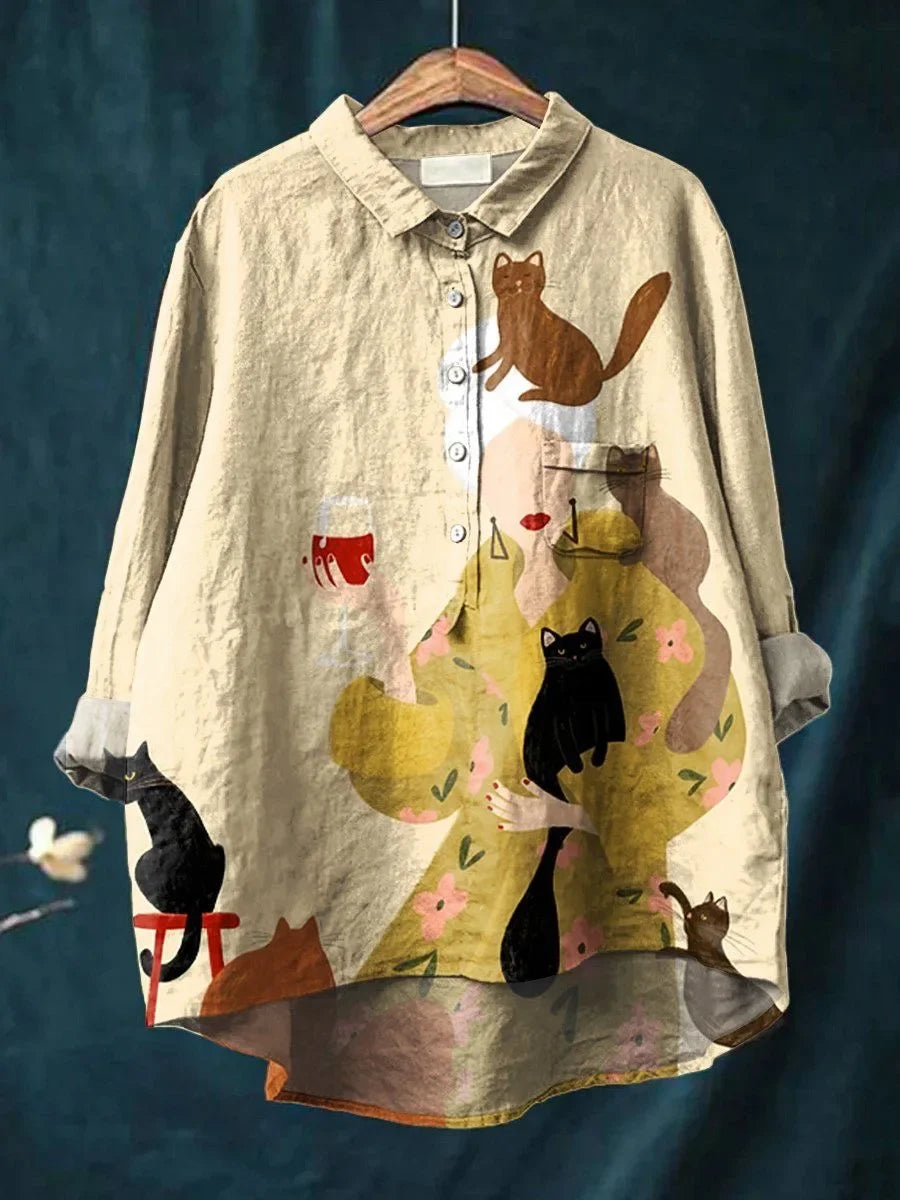 Alice | Blouse with Cat and Flower Print