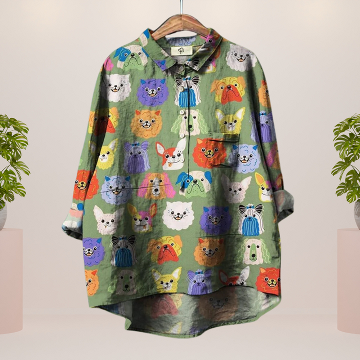 Freya | Playful shirt with dog motif and button closure