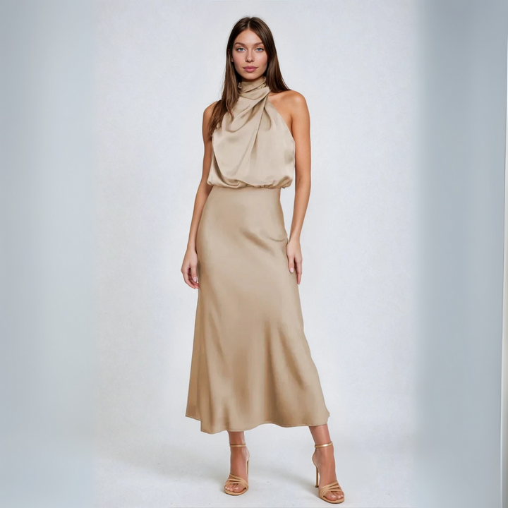 Carlina | Long Satin Dress with Halter Neckline