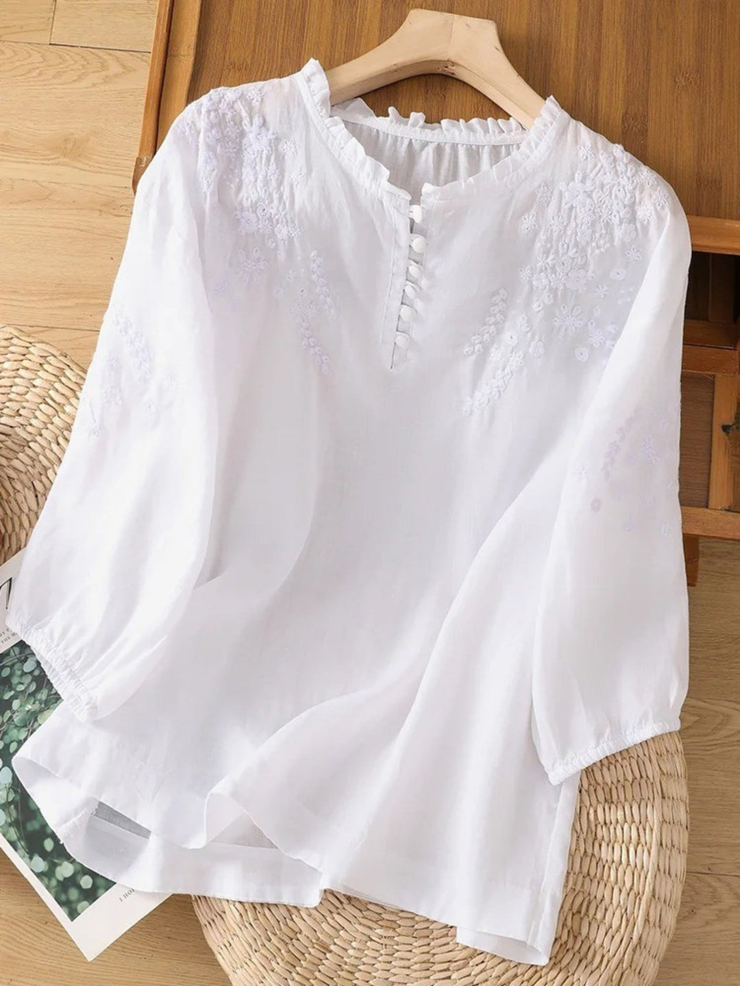 Kissina | Embroidered Cotton Linen Blouse