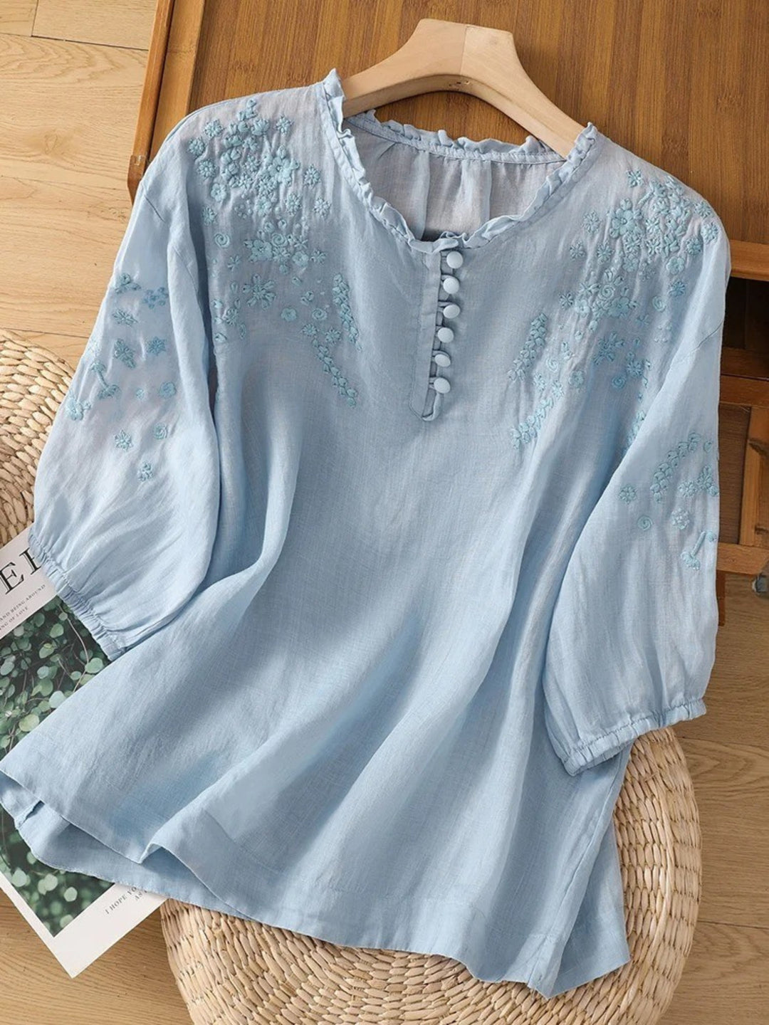 Kissina | Embroidered Cotton Linen Blouse