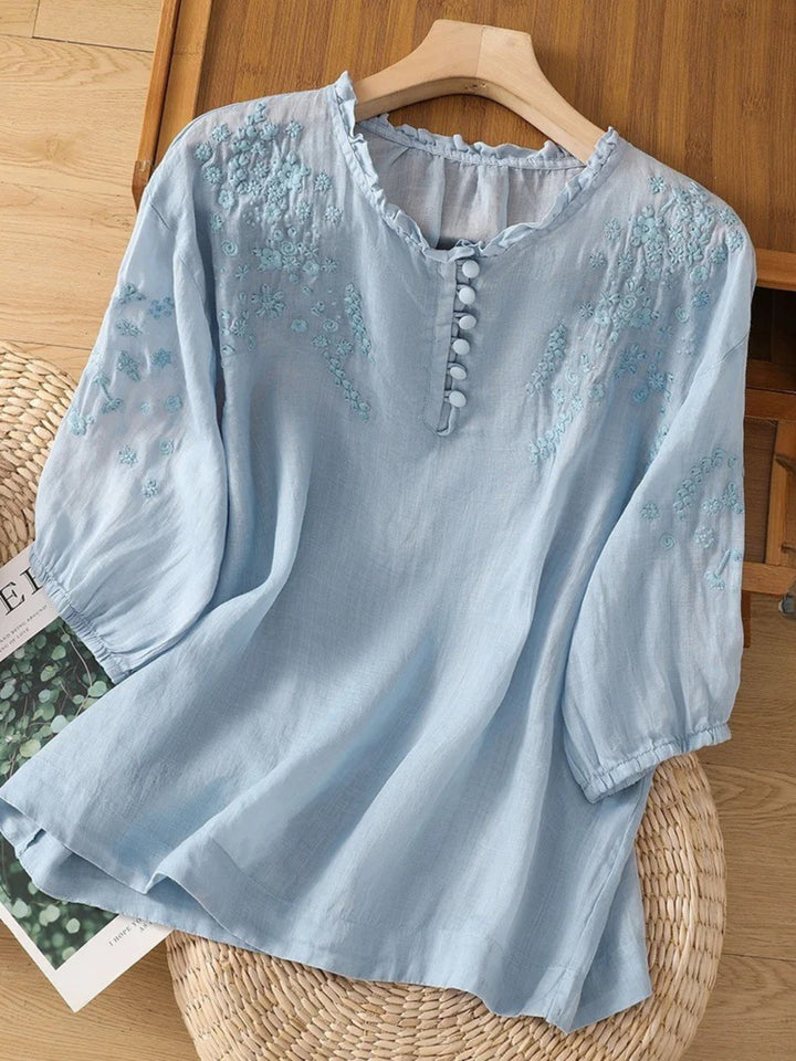 Kissina | Embroidered Cotton Linen Blouse