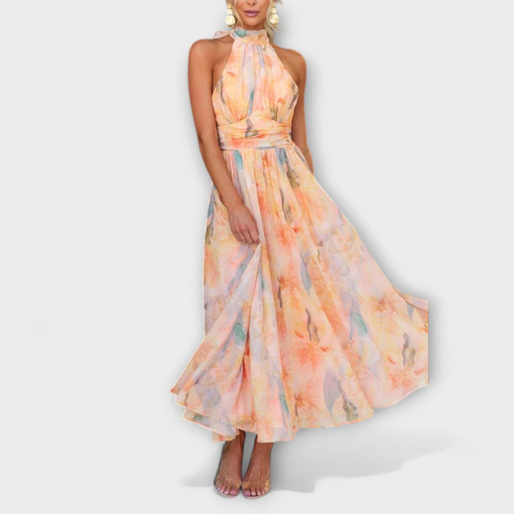 Mia | Halter-Neck Watercolor Print Maxi Dress