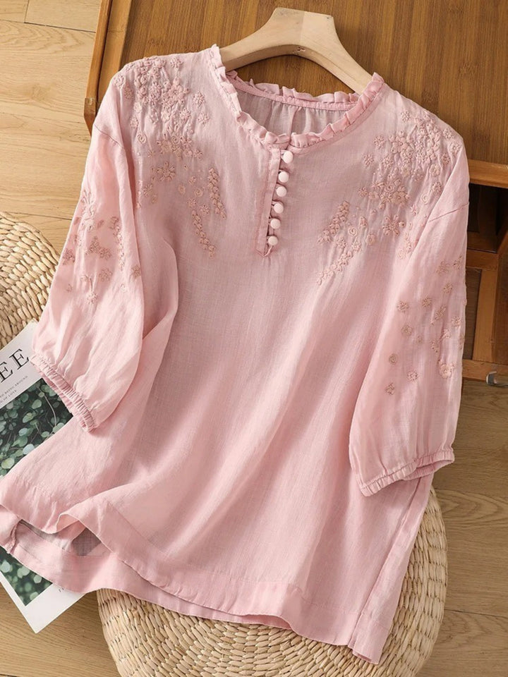 Kissina | Embroidered Cotton Linen Blouse