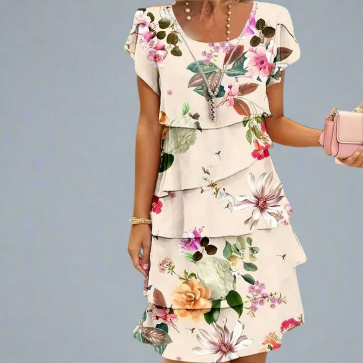 Sable | Floral Print Crew Neck Tiered Pleated Dress