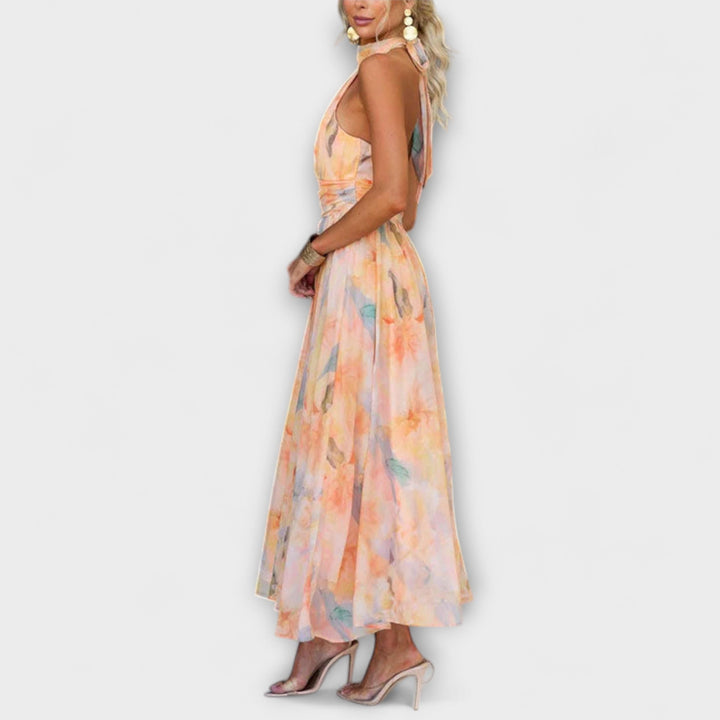 Mia | Halter-Neck Watercolor Print Maxi Dress