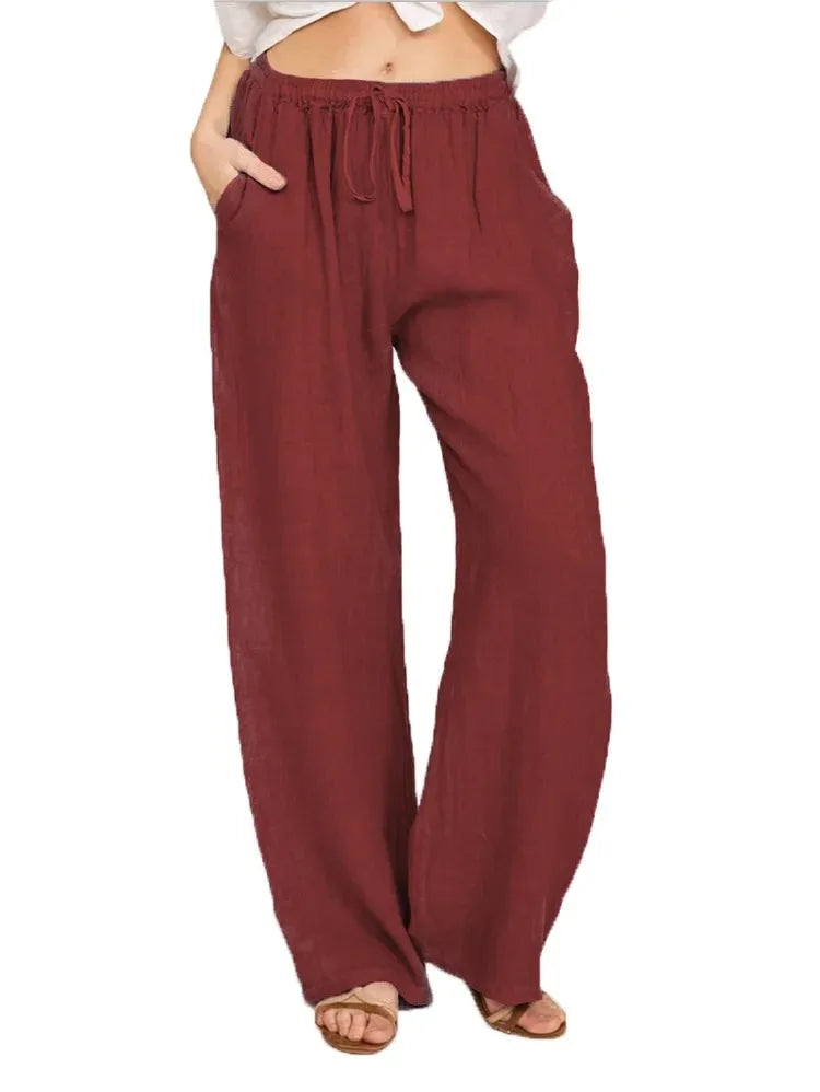 Harpe | Cotton Linen Loose Solid Elastic Waist Trouser