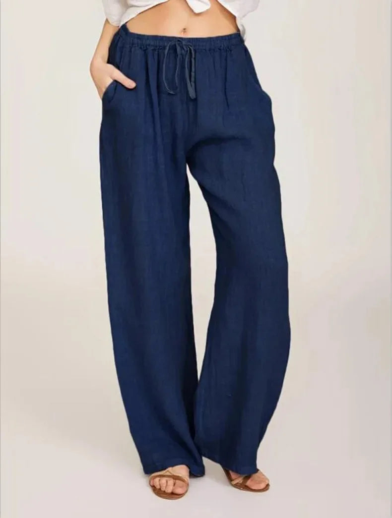 Harpe | Cotton Linen Loose Solid Elastic Waist Trouser
