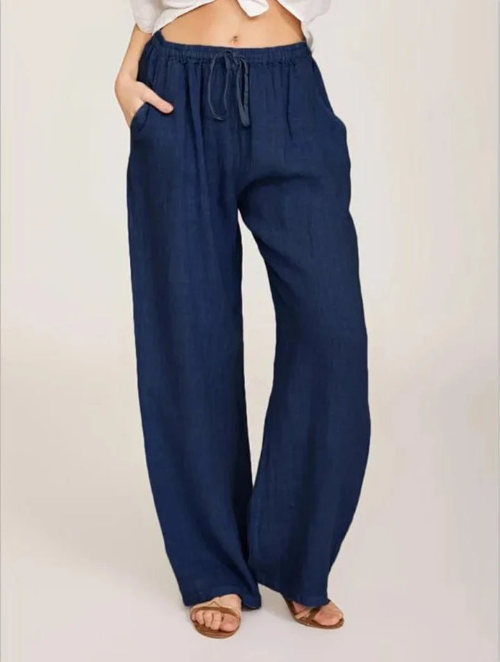 Harpe | Cotton Linen Loose Solid Elastic Waist Trouser