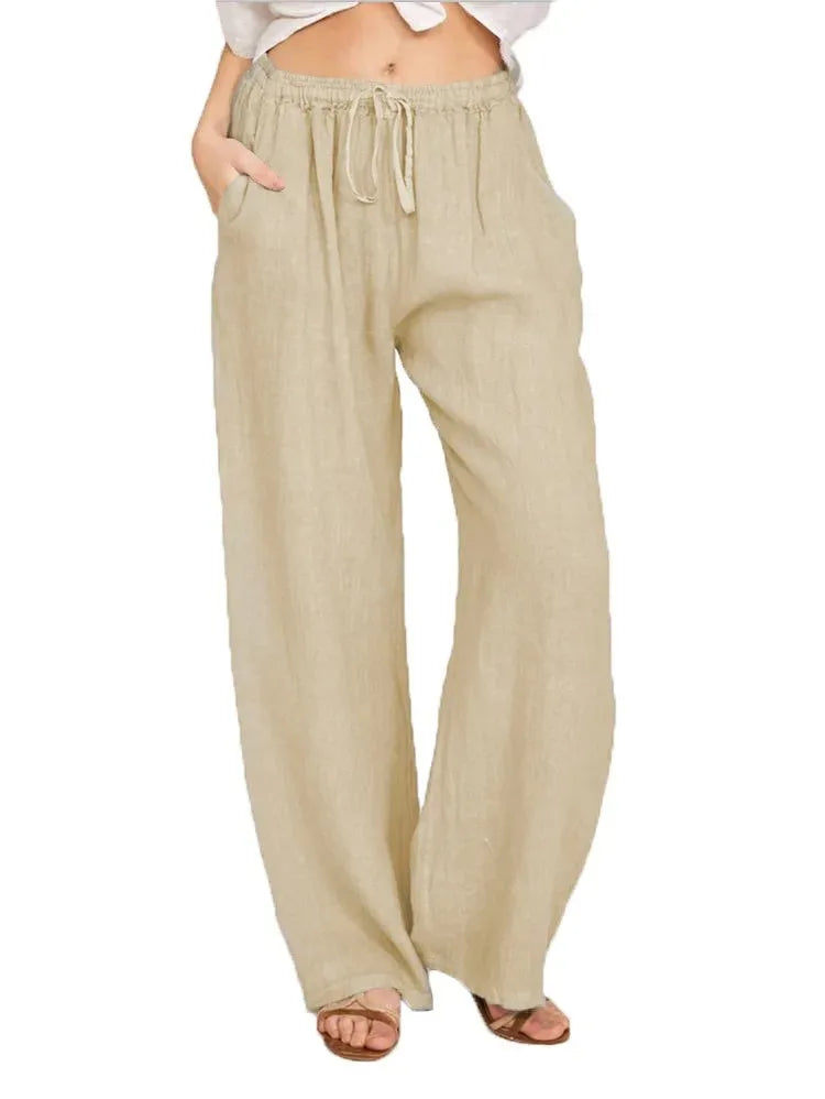 Harpe | Cotton Linen Loose Solid Elastic Waist Trouser