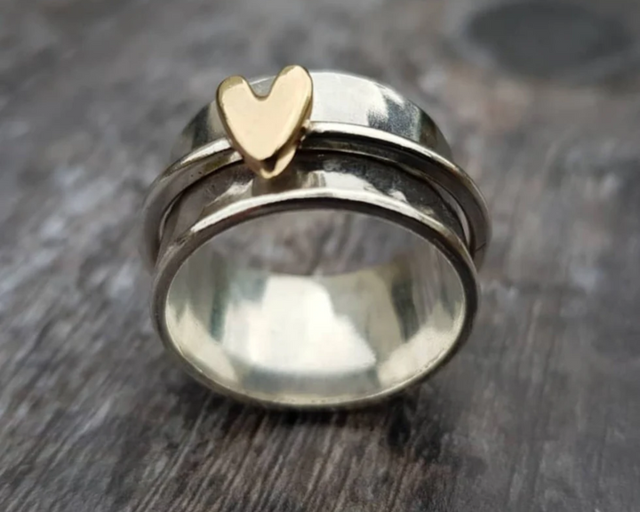 GOLDEN HEART SILVER RING