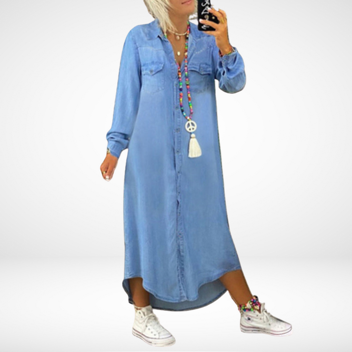 Ella | Long Sleeve Maxi Dress in Denim