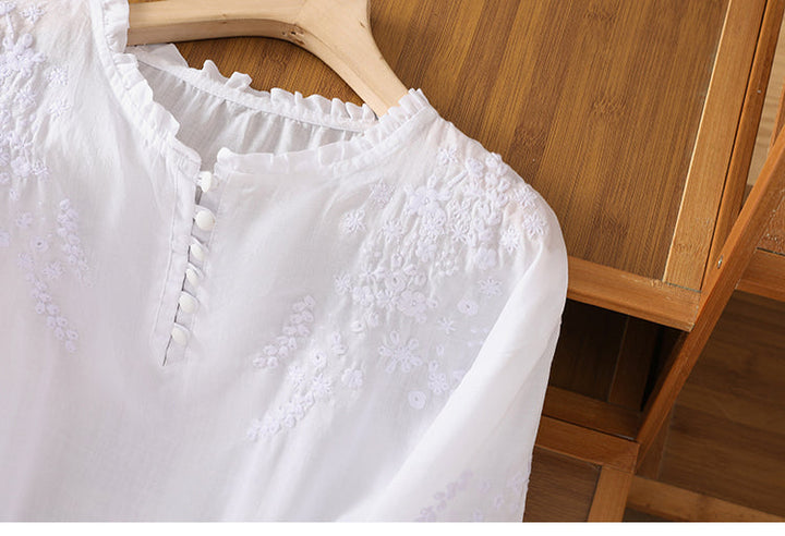 Kissina | Embroidered Cotton Linen Blouse