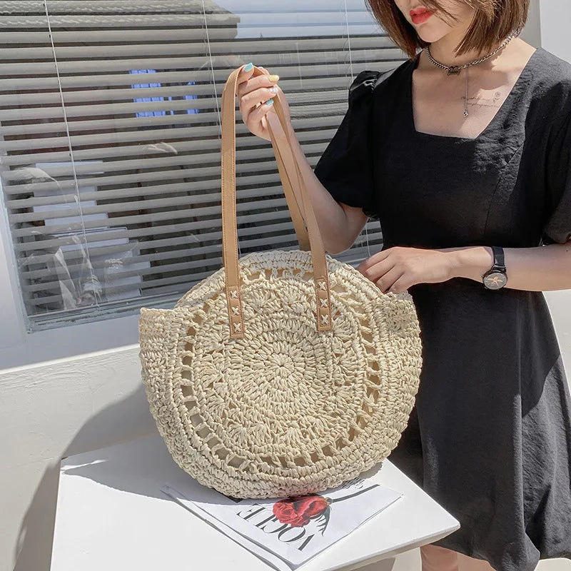 Juliette | Handwoven Round Straw Rattan Beach Bag