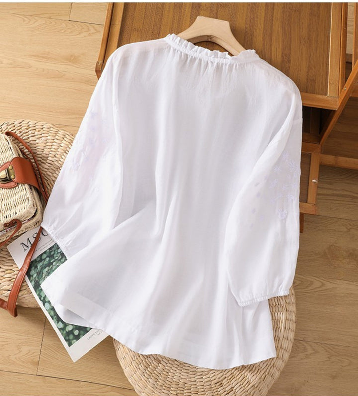 Kissina | Embroidered Cotton Linen Blouse