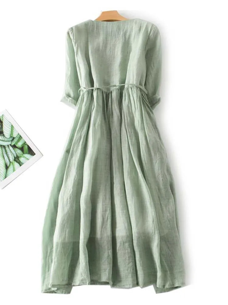 Arya | Women’s Retro-Style Dress with Round Neckline and Laced Waist Belt