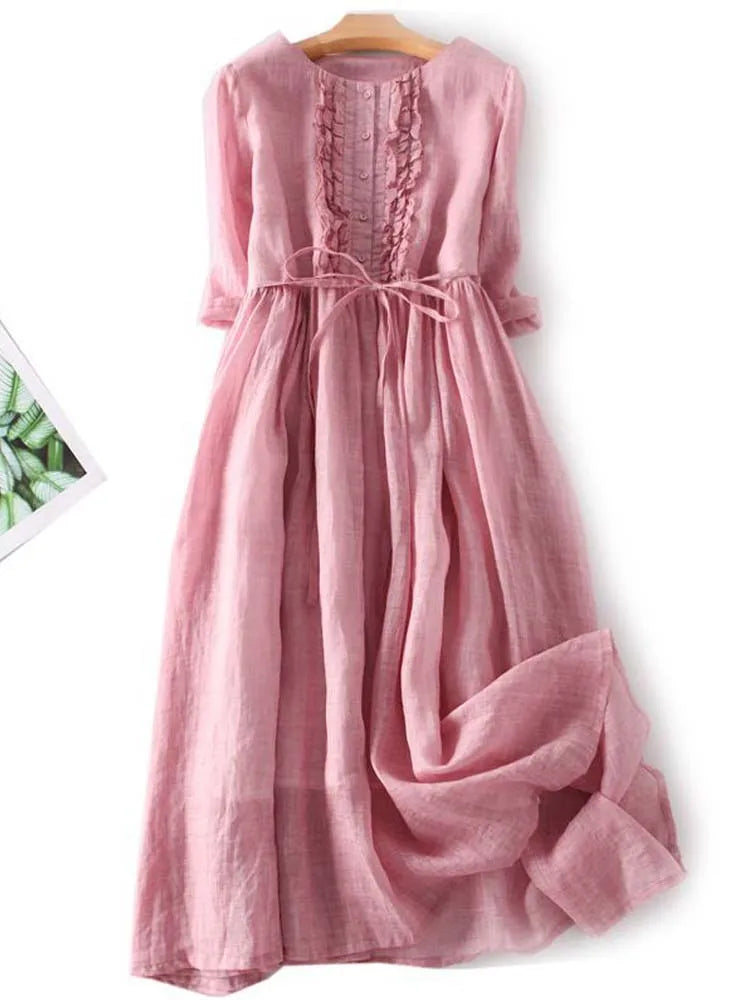 Arya | Women’s Retro-Style Dress with Round Neckline and Laced Waist Belt