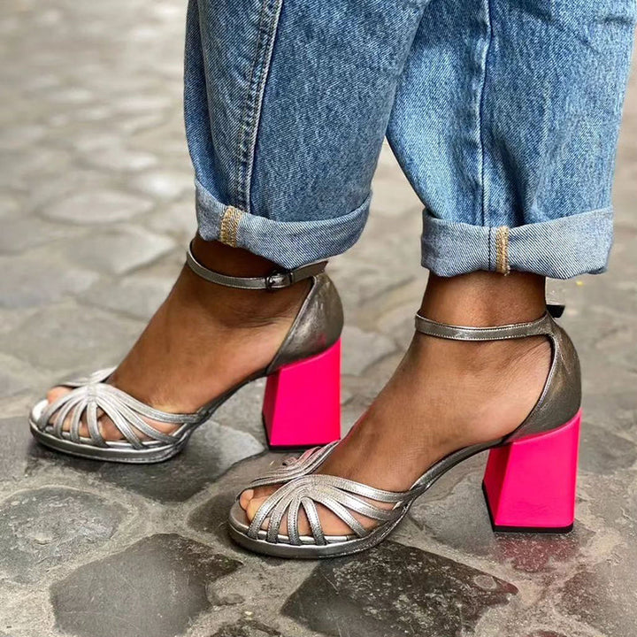 Georgia | Shiny Sandals with Thick Heel and Elegant Buckle