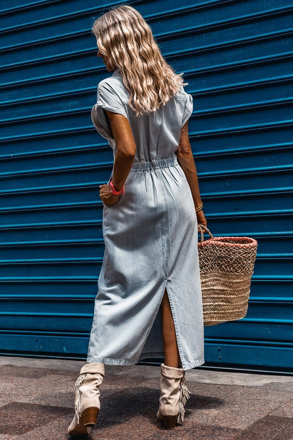 Harper | Elegant Denim Dress with Short Batwing Sleeves