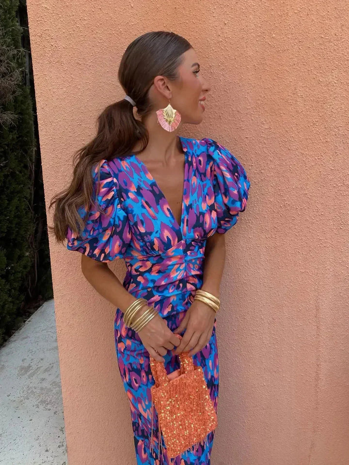 Arielle | Colorful Midi Dress with Pleated Sleeves