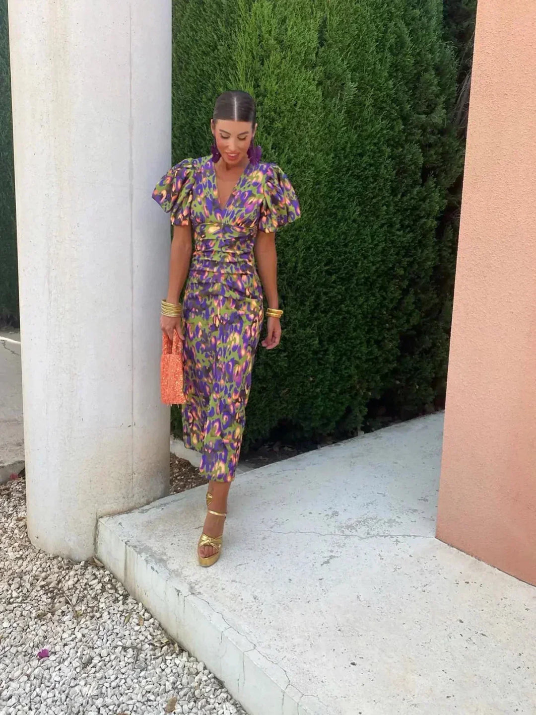 Arielle | Colorful Midi Dress with Pleated Sleeves