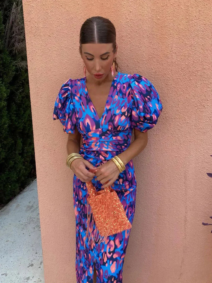 Arielle | Colorful Midi Dress with Pleated Sleeves