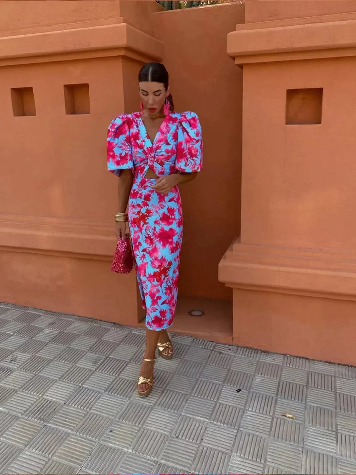 Arielle | Colorful Midi Dress with Pleated Sleeves