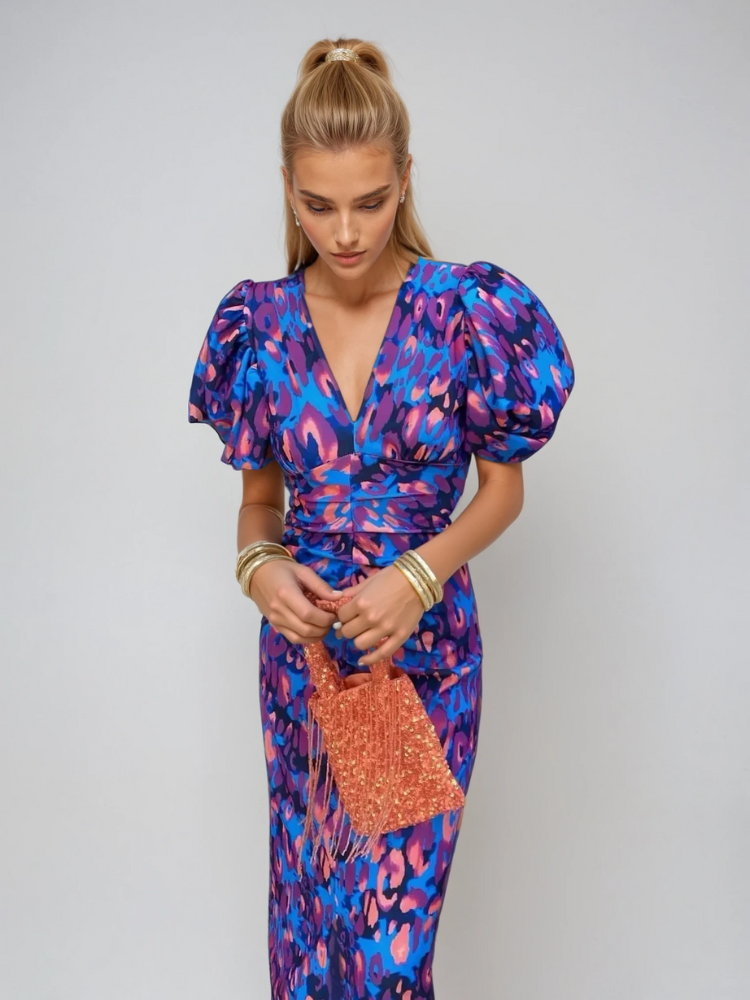 Arielle | Colorful Midi Dress with Pleated Sleeves